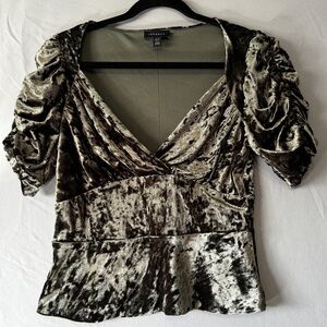 Top Shop Womens Size 6 Velvet Whimsigoth Babydoll Top Olive Green Fairy Grunge